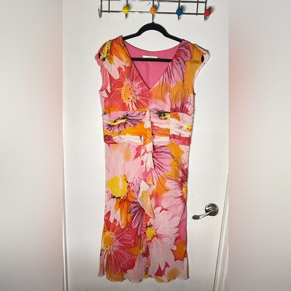 Escada Silk Floral Sleeveless Midi Dress Pink Orange Size 42 - Picture 2 of 9